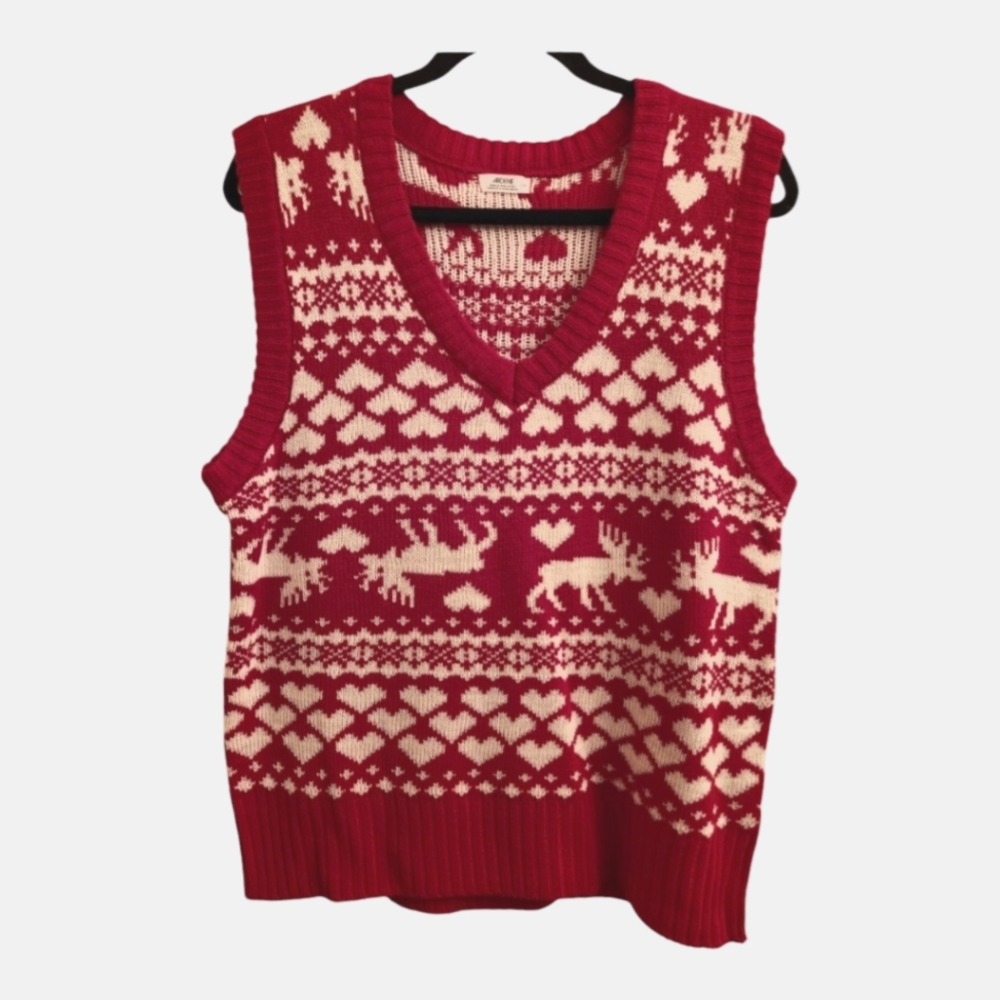 Holiday Christmas Sweater Vest with Reindeers Red & White Large